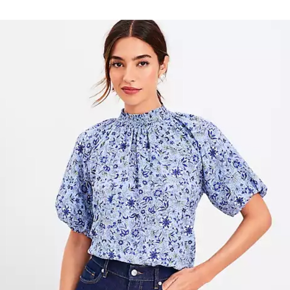 loft Floral Plaid Bubble Sleeve Blouse Sz L